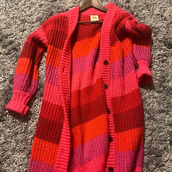 FARM Rio Sweaters - FARM Rio Pink, Red & Orange Striped Chunky Button Cardigan
